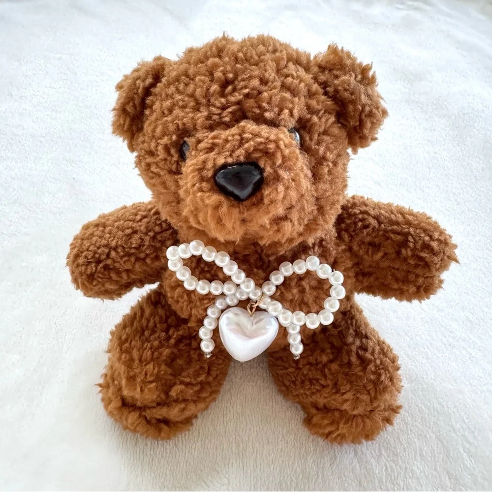 Natasha Brown Teddy Bear Plushie w/ Bows & Heart Key Chain / Bag Charm